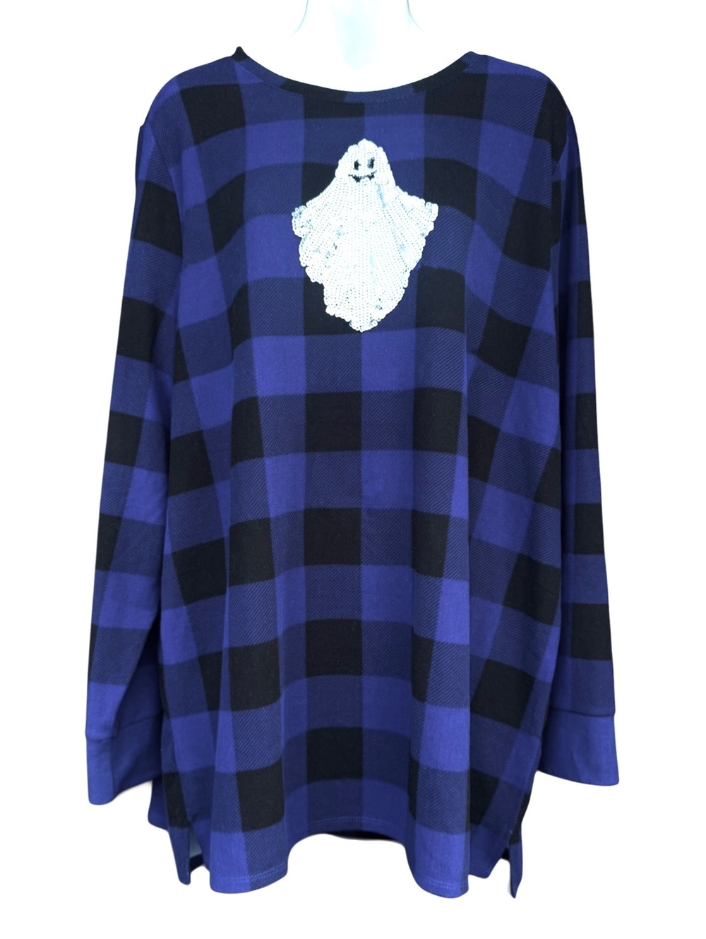 Quacker Factory XL Blue and Black Buffalo Plaid Ghost Sequin Sweater